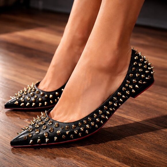 Shoes - Christian Louboutin Black Spike Studded Pointed Flats, 35